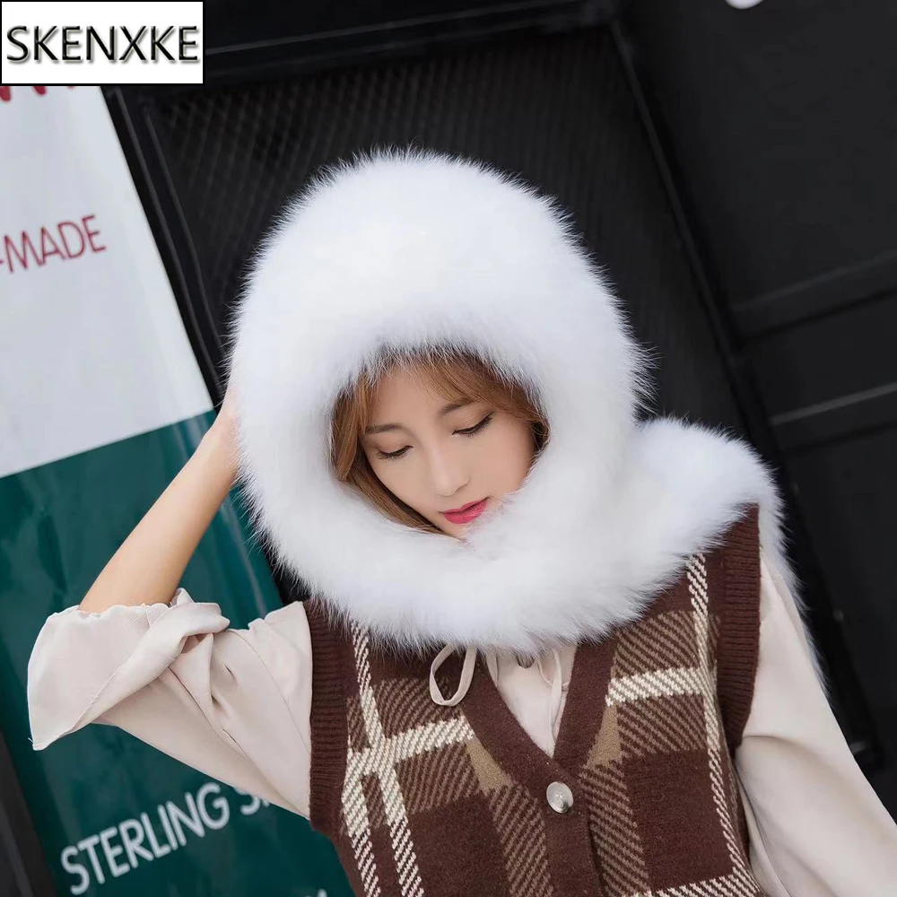 Hot Sell Winter Women Natural Fox Fur Hats&Scarves Lady Warm Fluffy Real Fox Fur Hat&Scarf Luxury Knit Genuine Fur Hooded Scarf