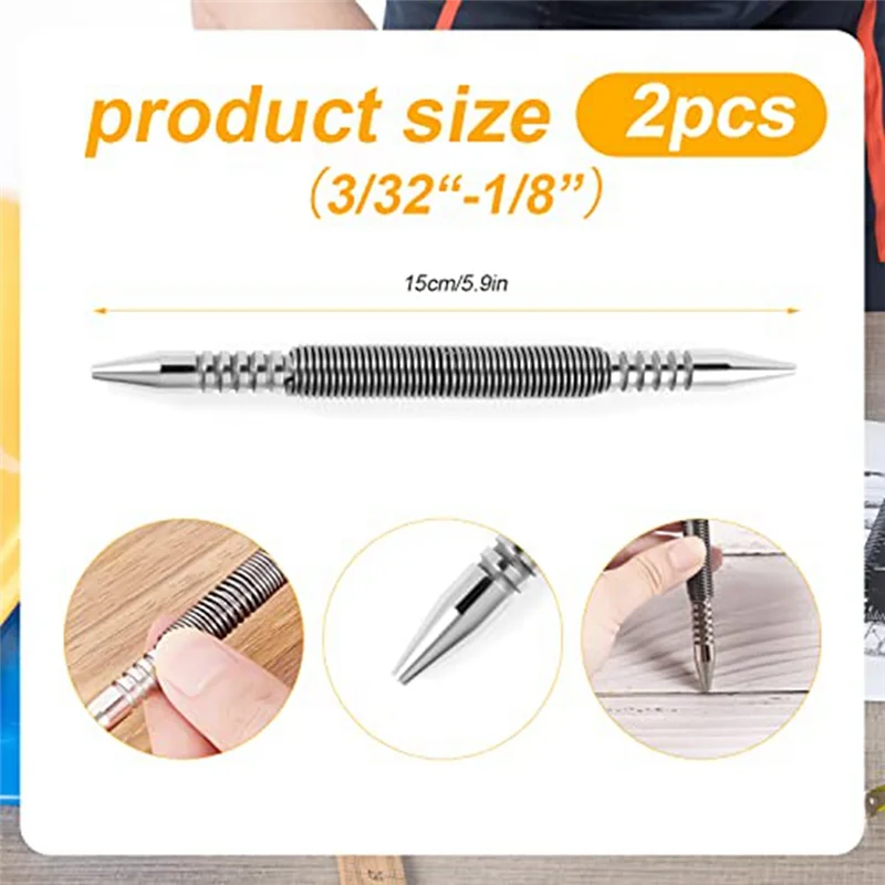 A20F-2 PCS Dual Head Nail Setters 3/32&1/8Inch Spring Nail Set Hammerless Nail Setter Punch Set