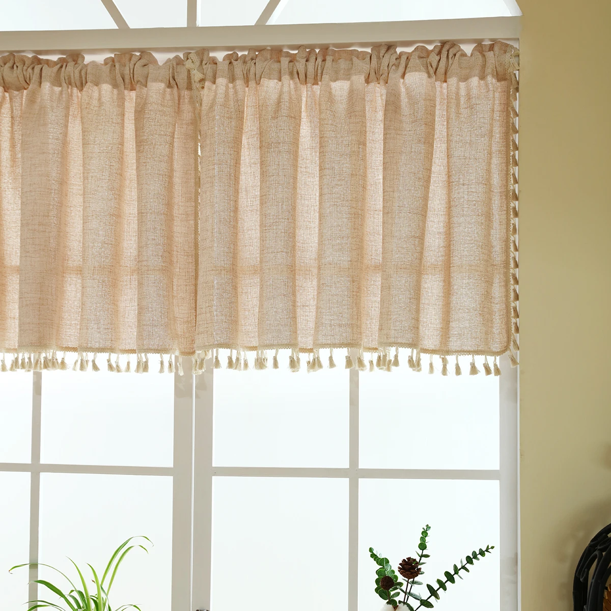 1pc Japanese Boho Style Short Curtain,Rod Pocket ,Polyester Fabric Window Semi Curtain with Tassel,for Window, Door, Cabinet