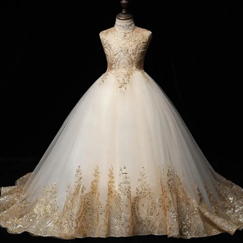 

Customized Flower Girl Dress For Wedding Appliques Glitter Sleeveless Floor Length Elegant Kids Birthday First Communion Gown