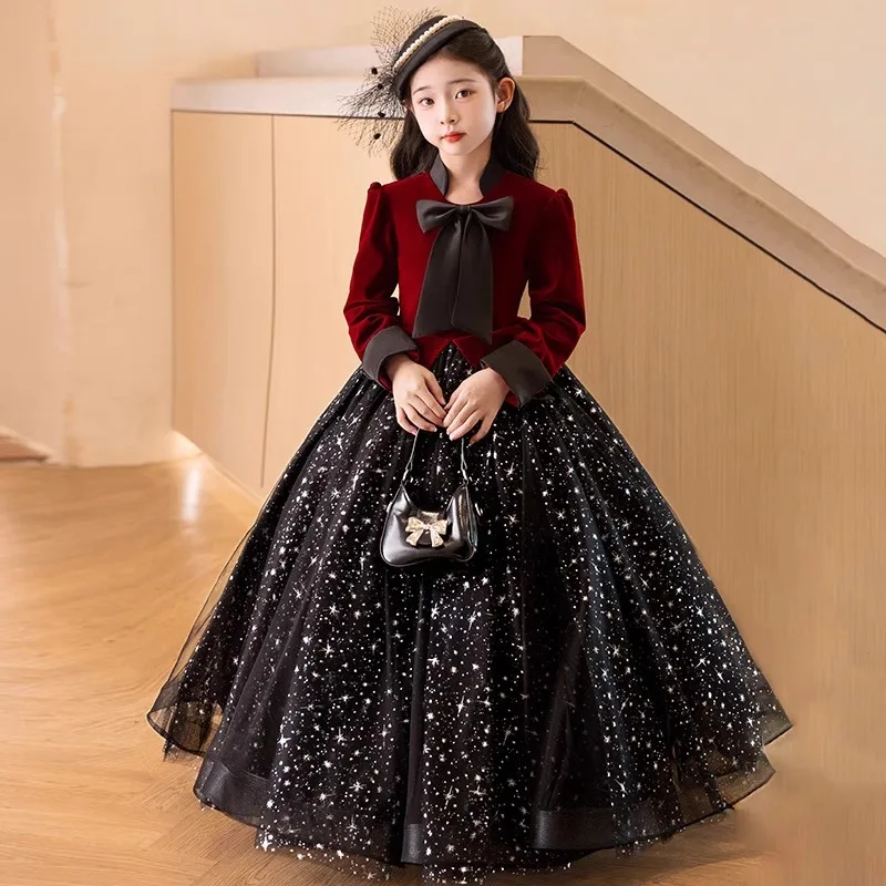 ICJAEHAO Long-Sleeved Princess Dress Velvet Girls Children's Birthday Piano Performance Host Children's Dresses Costume Vestidos