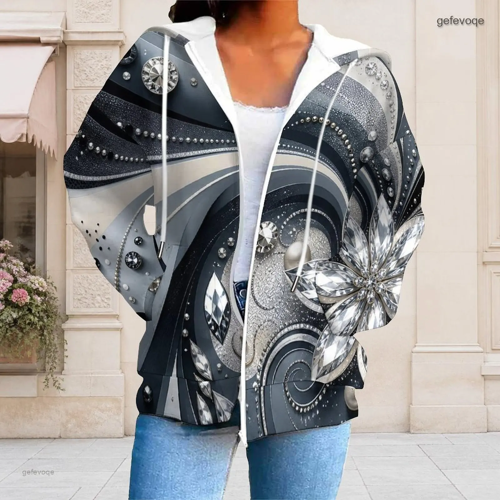 Autumn Graphic Print Plus Size Outwear For Women Hooded Loose Plus Size Clothes Soft Womens Clothing For City Walk