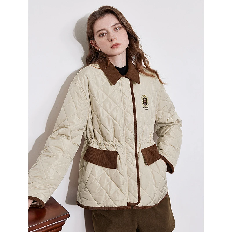 TOYOUTH Women Cotton Jacket 2024 Winter Corduroy Contrasting Color Splicing Turn Down Collar Zipper Slim Waist Outwear Jacket