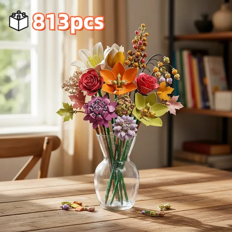 

FUNXINEE 813pcs Rose Flower Bouquet Building Blocks, DIY Plant Model Bricks, Never Withered Flowers, Girls Gift, Desk Ornament