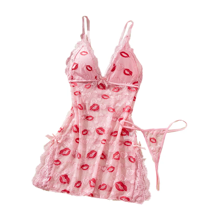 

New Sexy Women's Lip Print Heart-shaped Printed See Through Pink Lace Backless Nightgown Babydolls Pajama Dress Set Erotic Dress