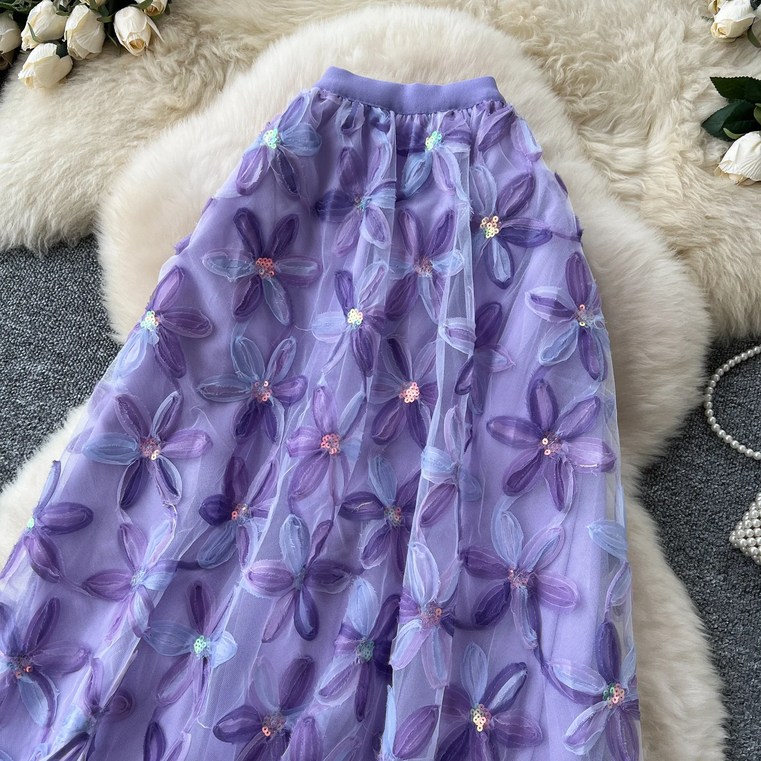 Autumn Winter Flower Embroidery Sequin Mesh Midi Skirts Women 2026 Korean Style Fashion Elegant High Waist Faldas