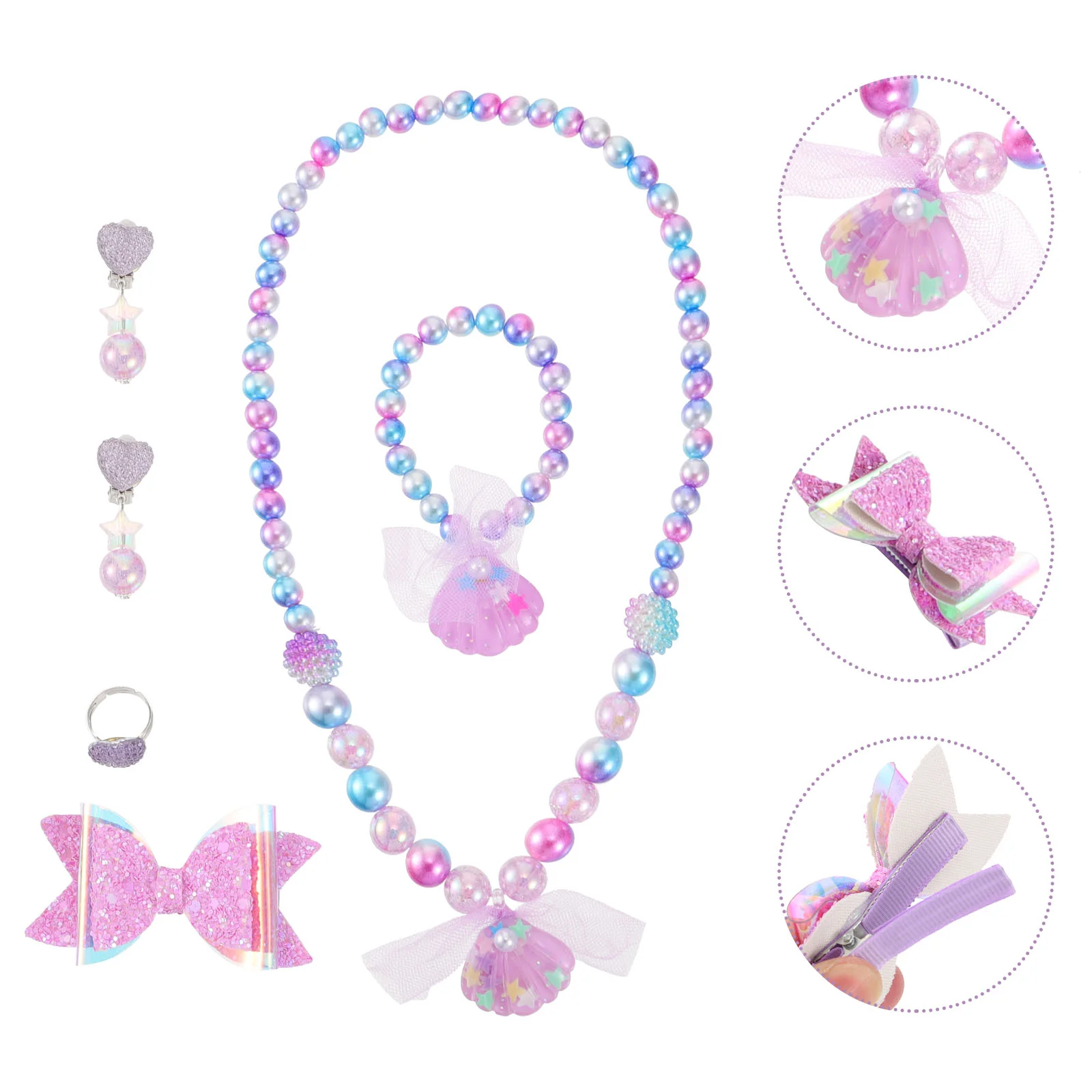 6 Pcs/ Children's Jewelry Set Necklace Beaded Bracelet Kid Imitation Pearls Kids Jewelries Hand Chain Resin Earring