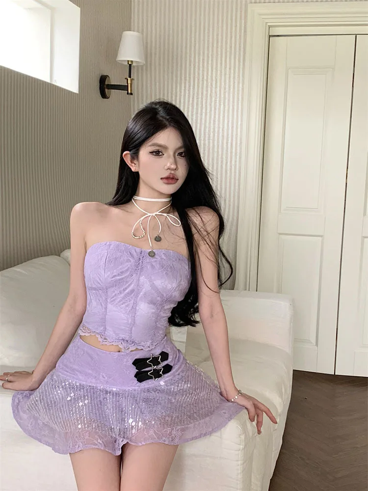 Sweet Set Spicy Girl Lace Bra Vest Top Women\'s Summer High Waist A-line Mini Dress Purple Two Piece Set