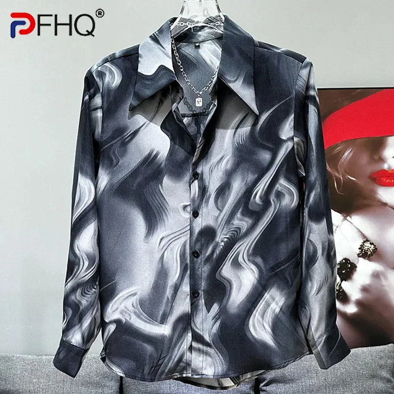 

PFHQ Men's Tie Dyed Ink Print Shirts Long Sleeved Summer Light Luxury Handsome Dyed High Quality Male Shoulder Pad Tops 21Z4358