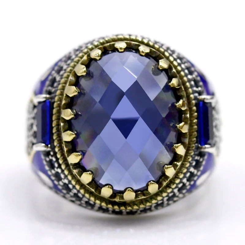 التركية الأزرق كريستال زجاج حجر خاتم ، 925 فضة ، Vintage الملك تاج ، تشيكوسلوفاكيا المينا ، الرجال المجوهرات ، المرأة هدية ، مجوهرات Tibetan #5