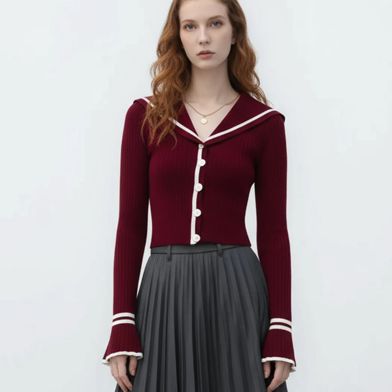 

Осень 202, женский красный вязаный топ с матросским воротником, осенний кардиган с длинными рукавами, свитер с расклешенными рукавами, элегантный повседневный трикотаж