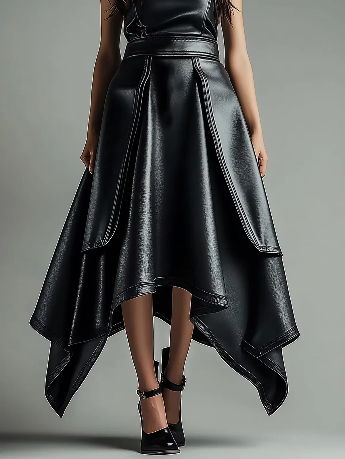 

Women's PU Leather Skirt Fashion Office Ladies Layered Irregular Hem High Waist Slim Maxi Length Solid Women's Skirts Female