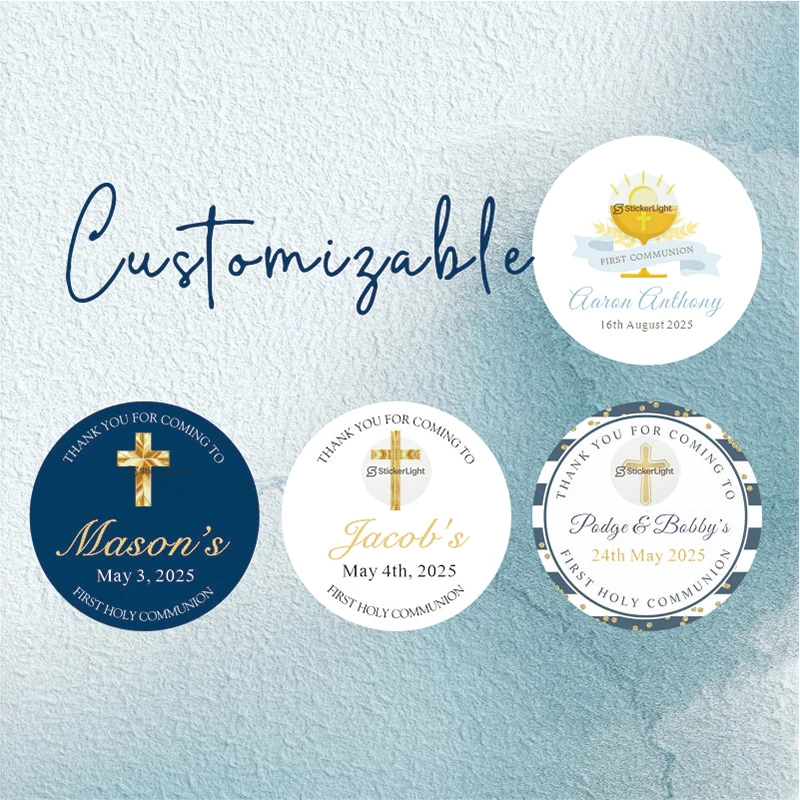 

Personalized round label stickers, customizable with name and date, thank you stickers