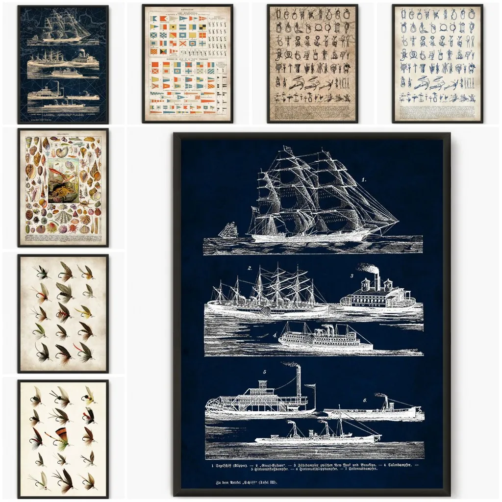1PC frameless decorative art print,Vintage Nautical Wall Art Canvas Poster Navigation Sailor Knots Flags Seashel Fishhook Print