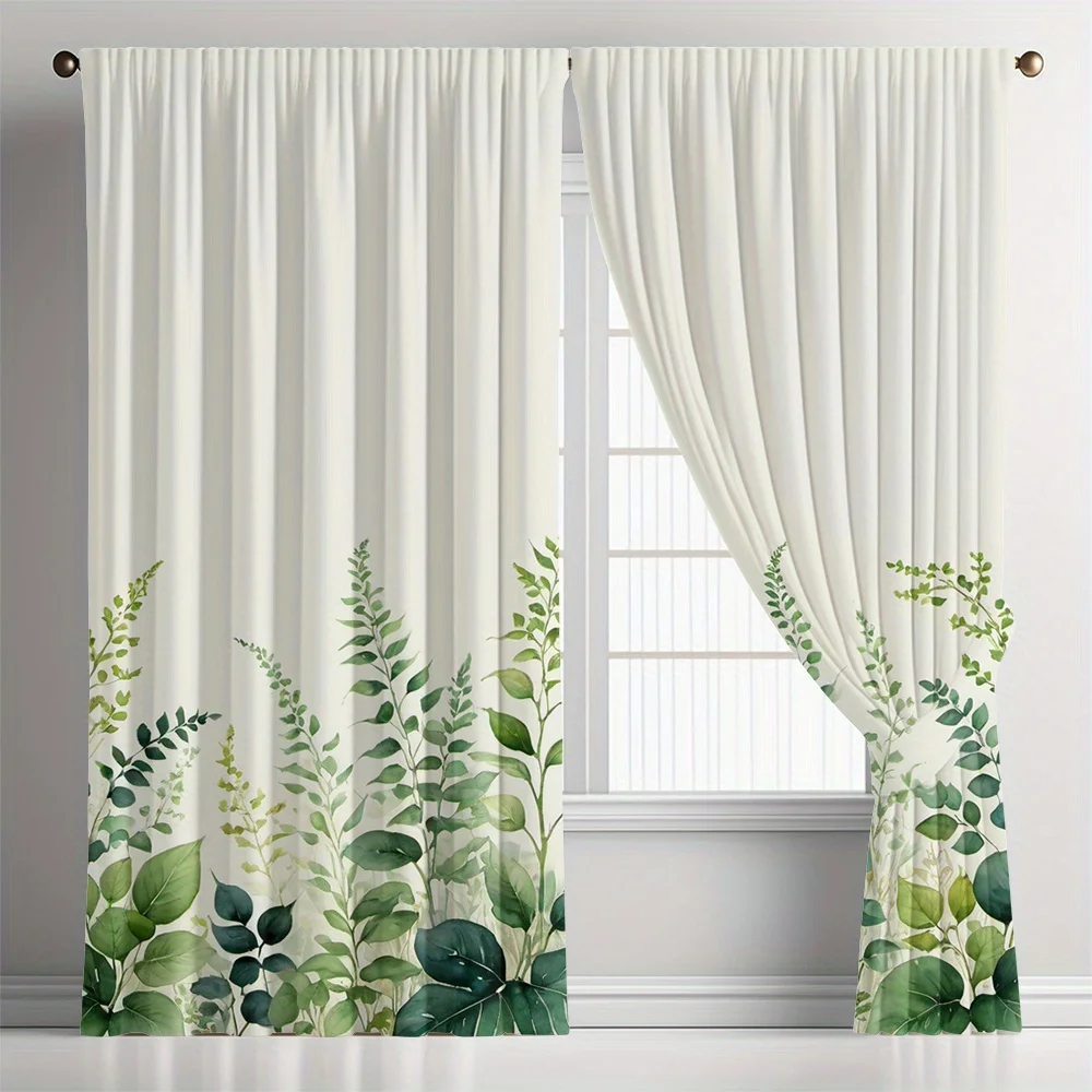 2pcs Watercolor Botanical Curtains Green Fern Leaf Beige Rod Pocket Polyester Light Filtering Modern Decor Living Room Bedroom