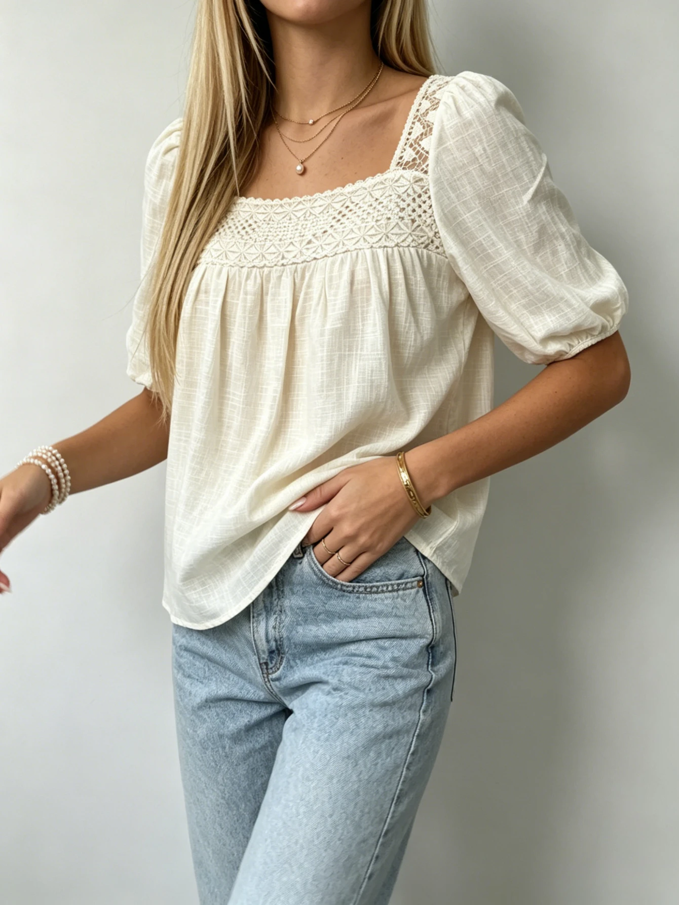 New Summer French Chic Fashion Solid Women's Tops Cream Apricot Sweet Square Neck Blouse Loose Fit Babydoll Top view 4