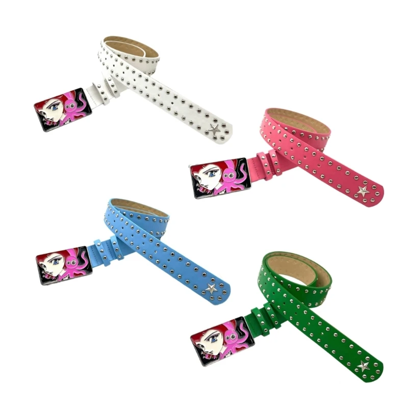 

Creative Cartoon Print Waist Belt Wear Resistant PU Belt with Rivet Waist Belt