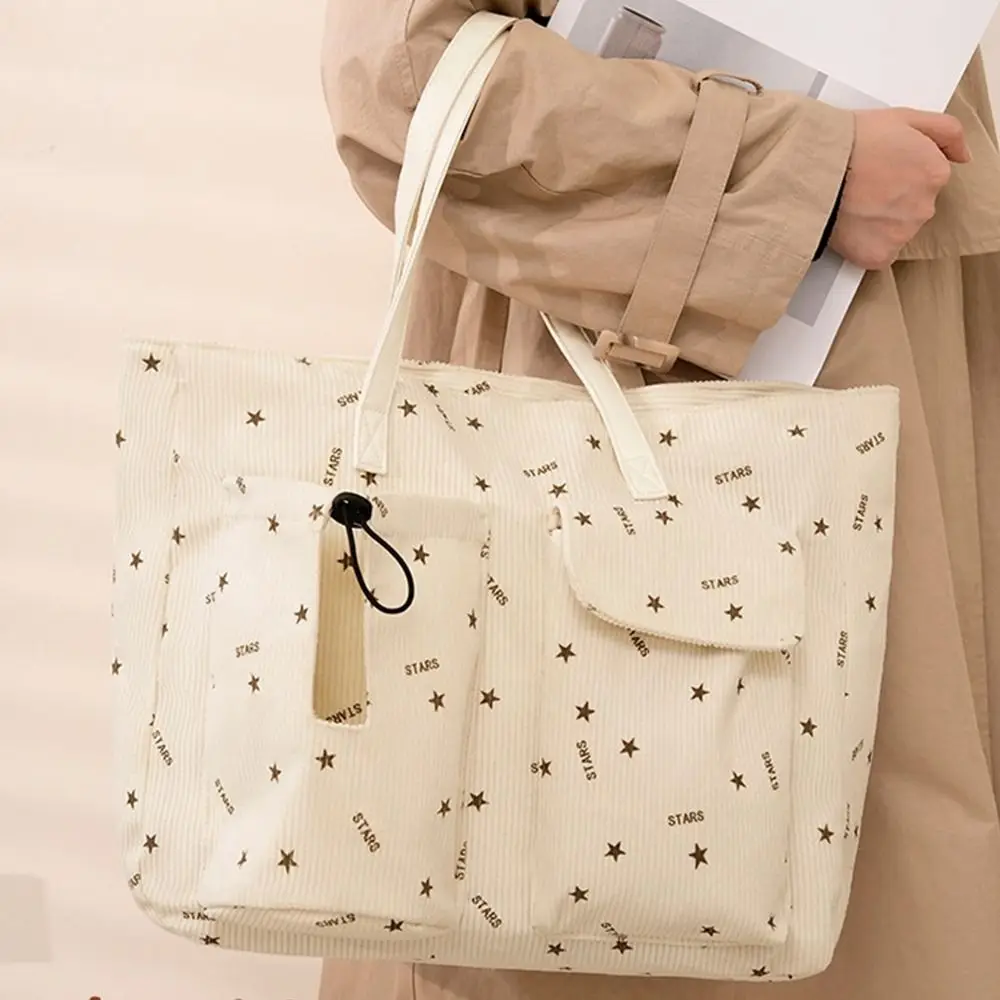 

Large Capacity Corduroy Tote Bag Cherry/Leopard Pattern Multi-Pocket Cute Printed Handbag Water Bottle Holder