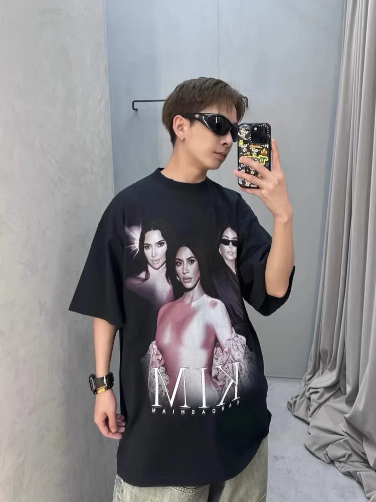 

Футболка с портретом 3H Fce Distred Loose Fit ort Sve Vintage Sle Повседневный круглый топ Ne для всех
