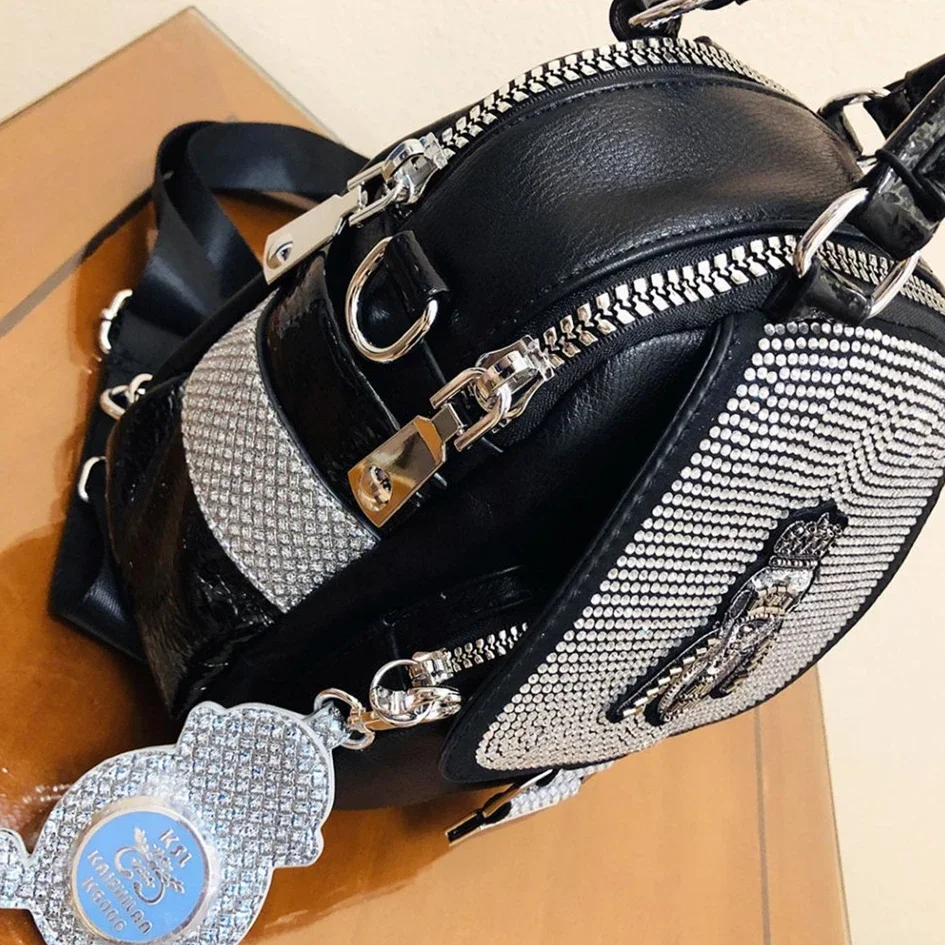 Female Vegan Leather Shiny Rhinestone Small Size Convertible Handbag Backpack Luxuri Designer Stylish Travel Everyday Daypack