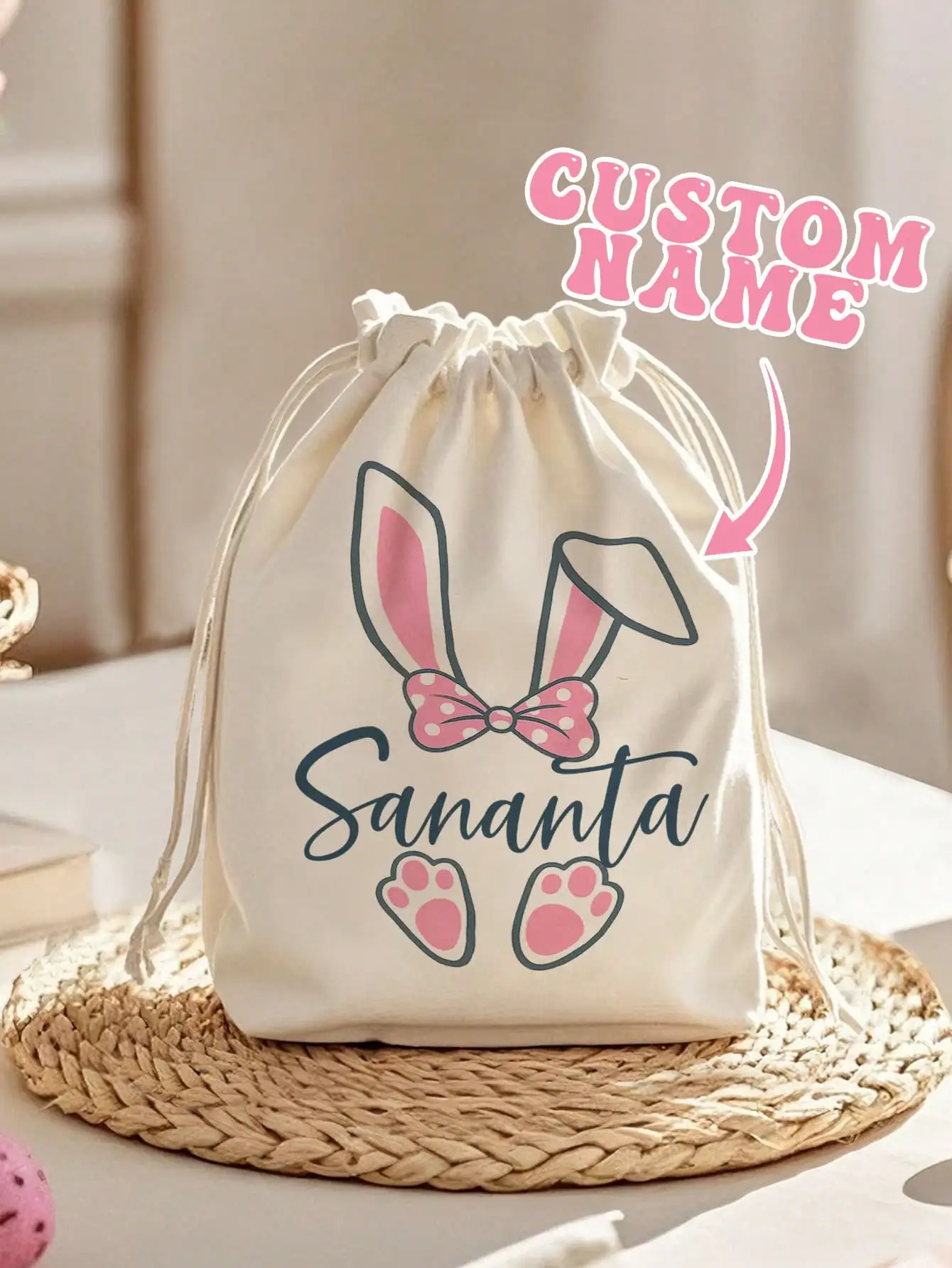 Custom Easter Bag Personalized Kids Bunny Egg Hunt Gift Sack Name Drawstring Bag Party Favor For Boys Girls Spring Holiday Decor