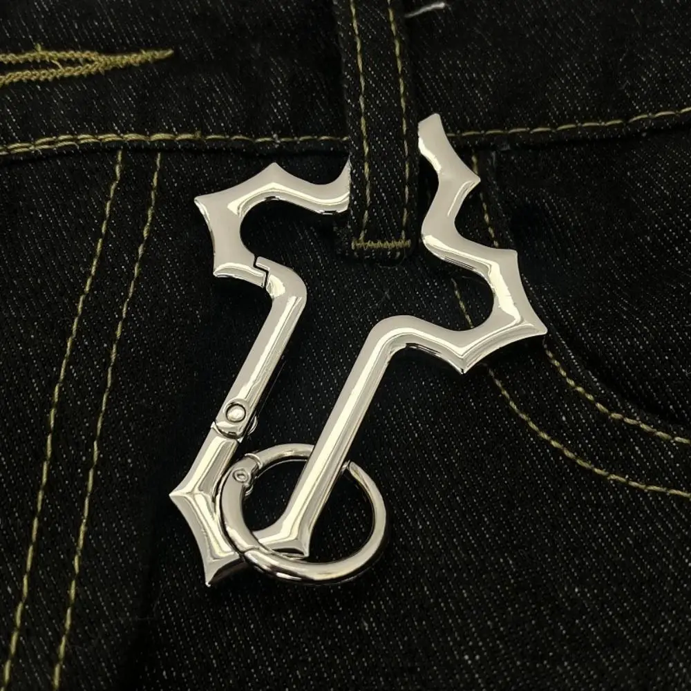 Y2K Style Zinc Alloy Cross Carabiner Keychain Silver Solid Construction Crucifix Keychain Waist Pendant Climber Use