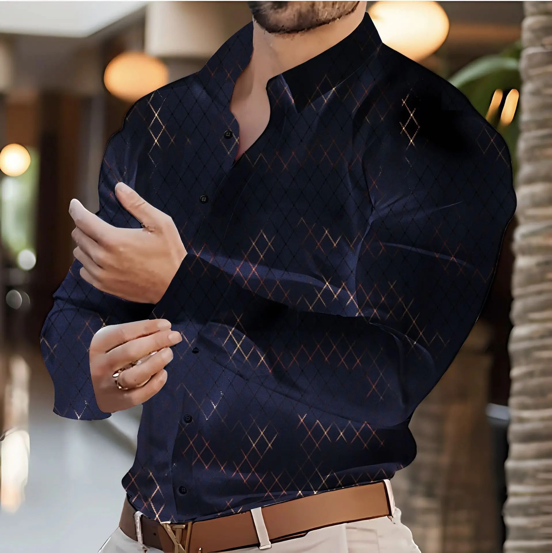 

2024 Fashion New Men's casual party shirt Spring and Autumn travel men's lapel print long-sleeved Shirt