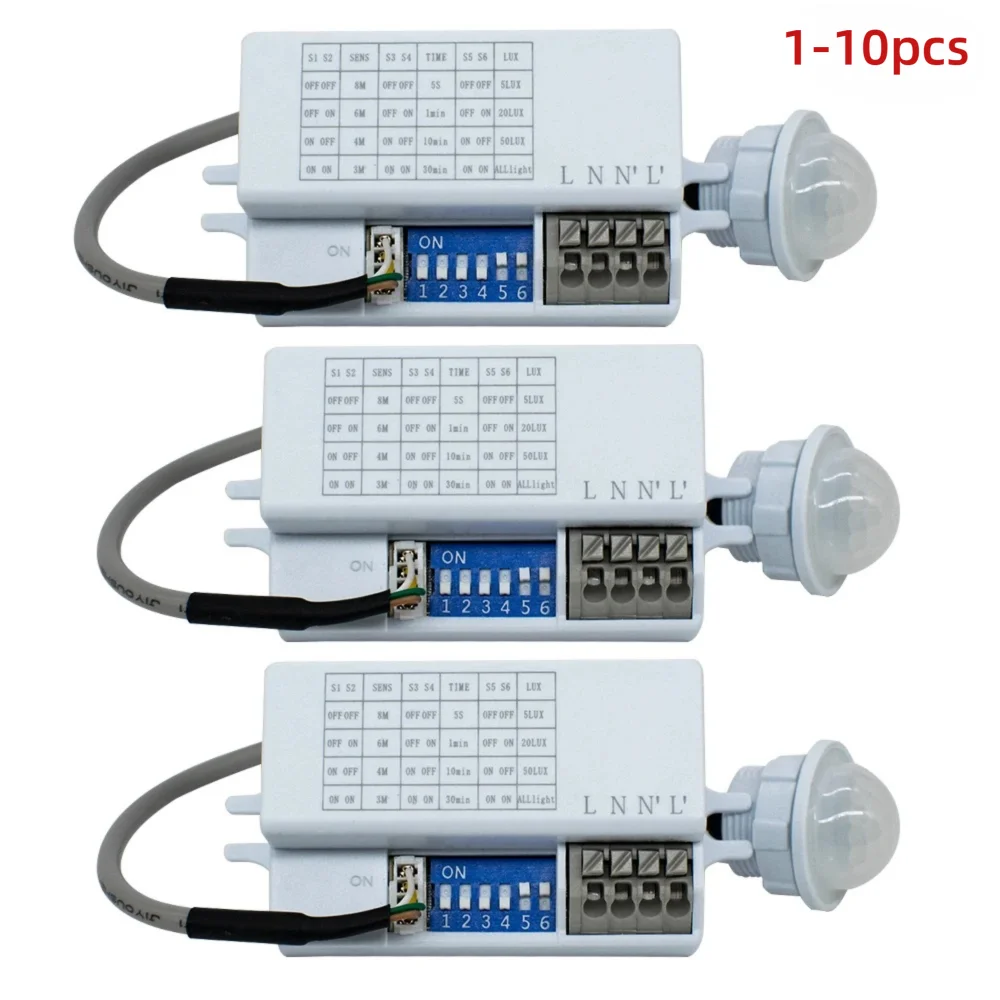 Détecteur de mouvement AC 95-265V avec interrupteur, capteur de présence PIR 220V pour éclairage, réglage du temps de retard, détecteur de mouvement pour lampe, 1-10 pièces