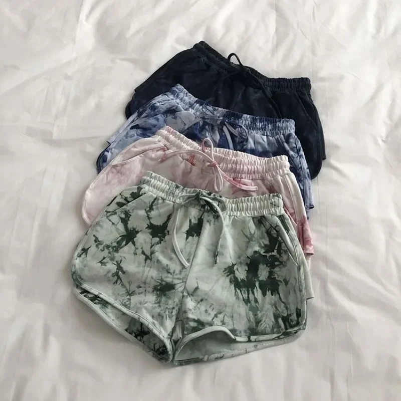 Pantaloncini sportivi da corsa per donna Tie Dye Fitness Blu Donna Pantaloni corti Casa ampia palestra Elasticità Y2k Harajuku Estate Kpop XL