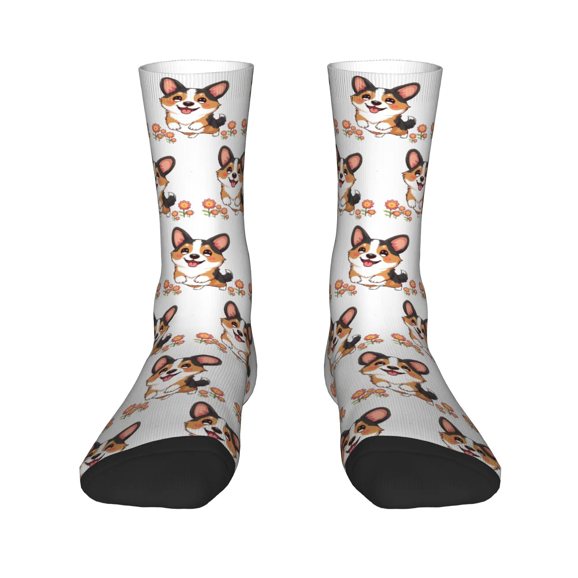 

Kawaii трехцветный корги в саду, носки Harajuku, высококачественные чулки, всесезонные длинные носки, аксессуары для подарков унисекс