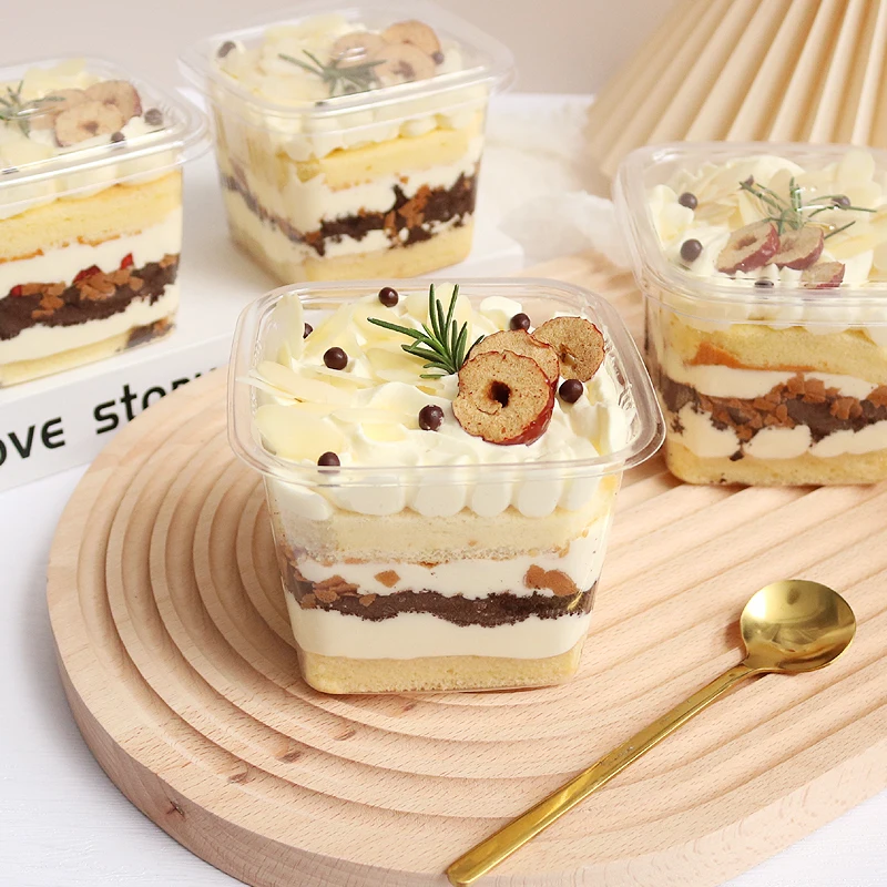 

50pcs Mousse cake box fruit salad clear pet plastic packaging cups square ice cream pudding jelly yogurt dessert cups with lids