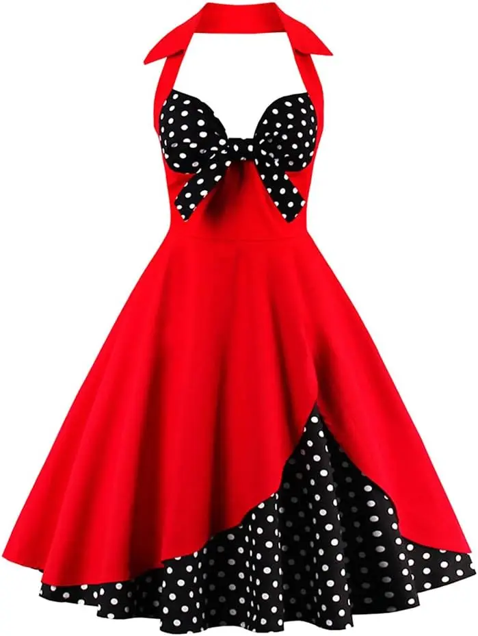 

Women Vintage Polka Dot 1950s Rockabilly Halter Audrey Dress Retro Floral Evening Cocktail Swing Dress