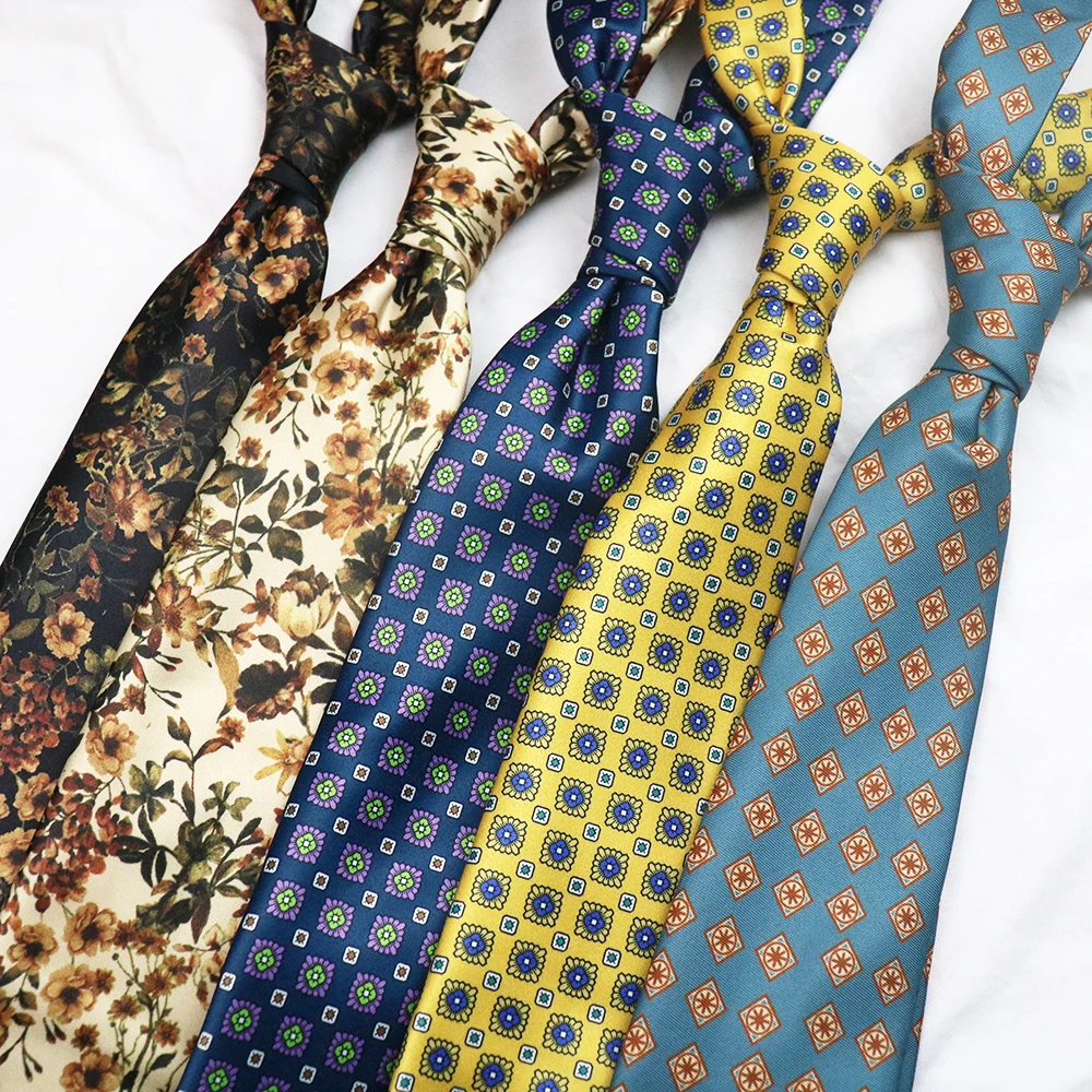 Korean Casual Flower Necktie For Men Women 8cm Yellow Green Brown Printed Neck Ties Fashion Luxury Silky Tie Wedding Suit Cravat