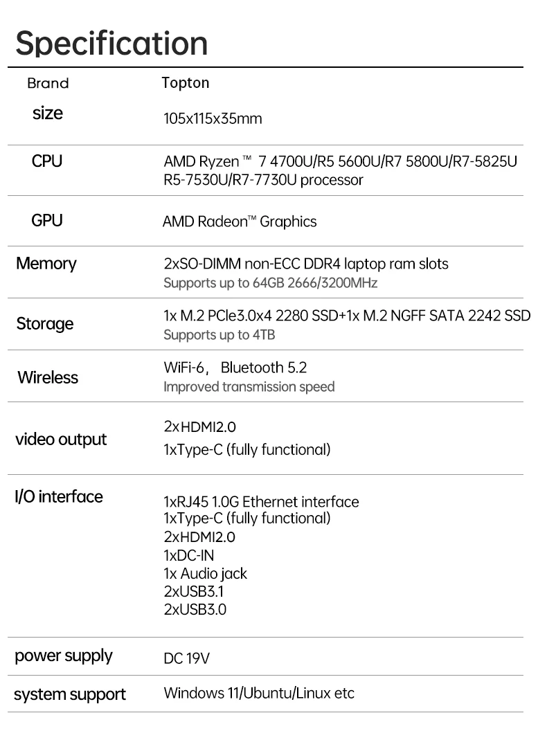 Topton Palm Gaming Mini PC AMD Ryzen 7 7730U 5825U 5800U R5 7530U 5600U Metal Nuc NVMe DDR4 Desktop Windows 11 Office Computer