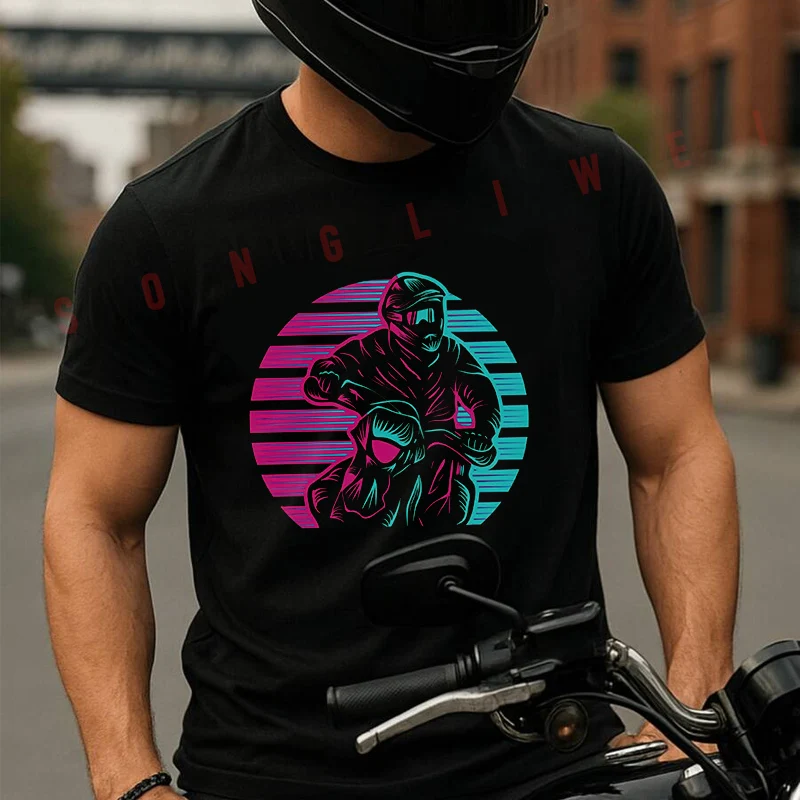 

Motocross In Sunset Retro Style Men's Cotton T-shirt Summer Short Sleeved Casual Round Neck Unisex Tops