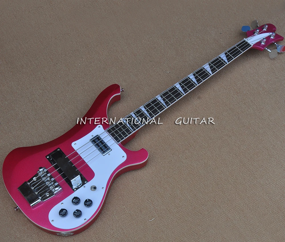 4 Strings Rose Red Electric Bass Guitar with White Pickguard,Rosewood Fretboard