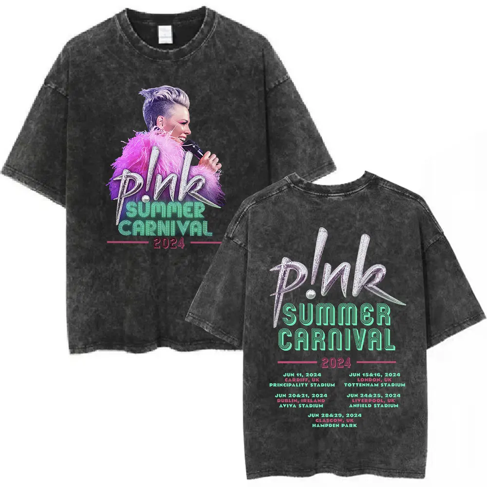 Pink Singer Summer Carnival 2024 Vintage Washed Old T Shirt Men Women Fashion Hip Hop T-shirts Cotton Oversized T-shirt Fan Gift