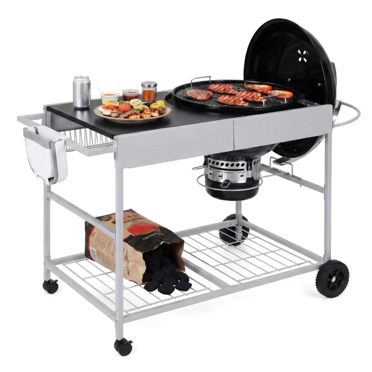 Outdoor metal grill truck for 18-22 ovens with cover rack and storage rack accessories
