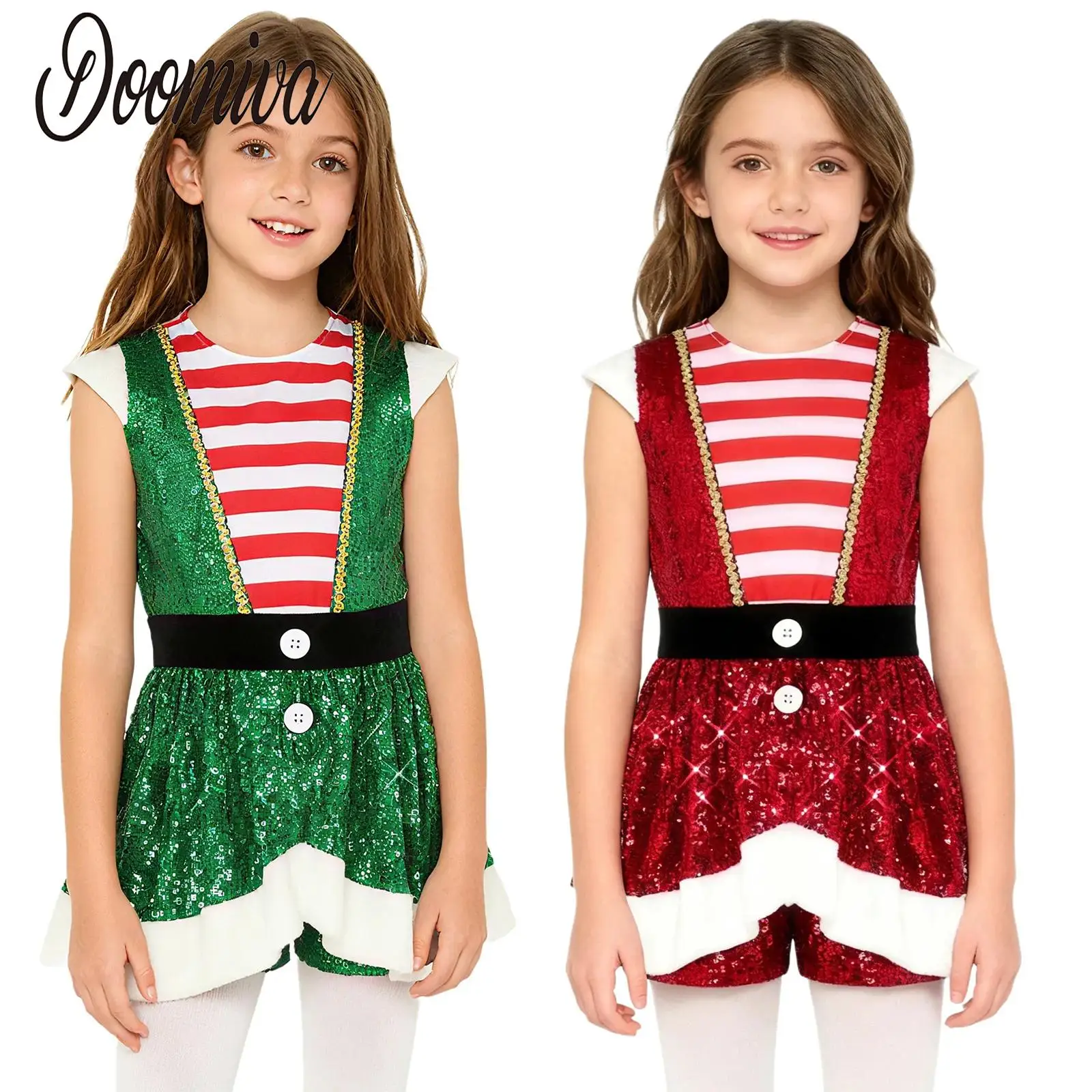 

Girls Stripe Candy Cane Jumpsuit Christmas Carnival Party Dance Costume Sparkly Sequins Cap Sleeve Waist Ruffled Overlay Leotard