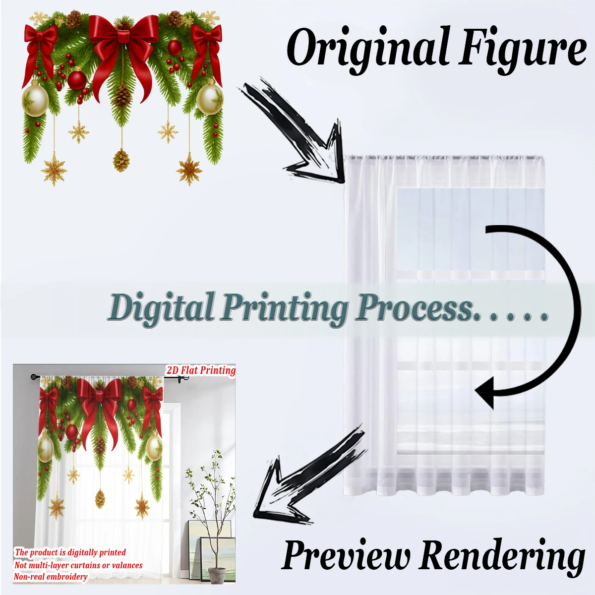 ستارة شفافة مطبوعة مسطحة لعيد الميلاد مع كرة عيد الميلاد وقوس ندفة الثلج وفرع الصنوبر وديكور غرفة المعيشة وحفلات العطلات
