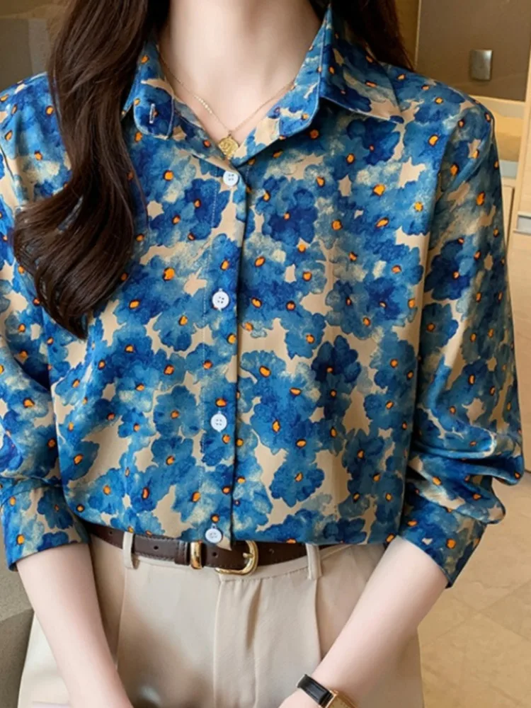 #3183 Blue Pink Vintage Long Sleeve Shirt Women Full Floral Printed Long Sleeve Shirt Femme Loose Thin Chiffon Blouse Femme