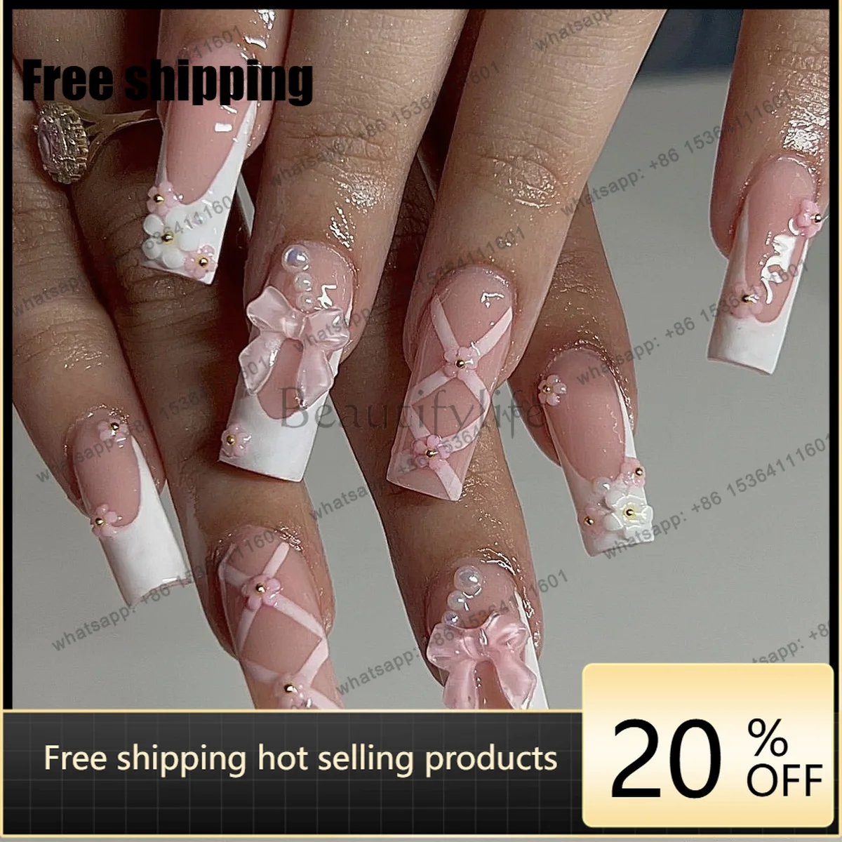 Pink cute wearing armor bow medium and long flower nail sticker