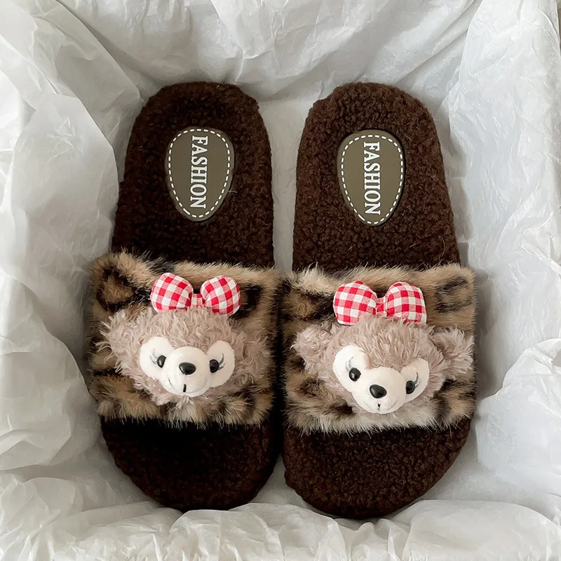 

Детские тапочки с открытым носком и бантом, пушистая теплая зимняя обувь на плоской подошве для детей, нескользящие домашние тапочки белого цвета, хаки, размер 36-41