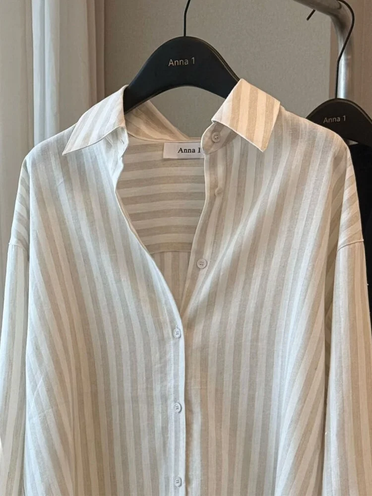 

Loose Fit Linen Stripe Long Sleeve Shirt Women Summer Casual Style Sun Protection Top Korean Lazy Style Loose Feeling Shirt