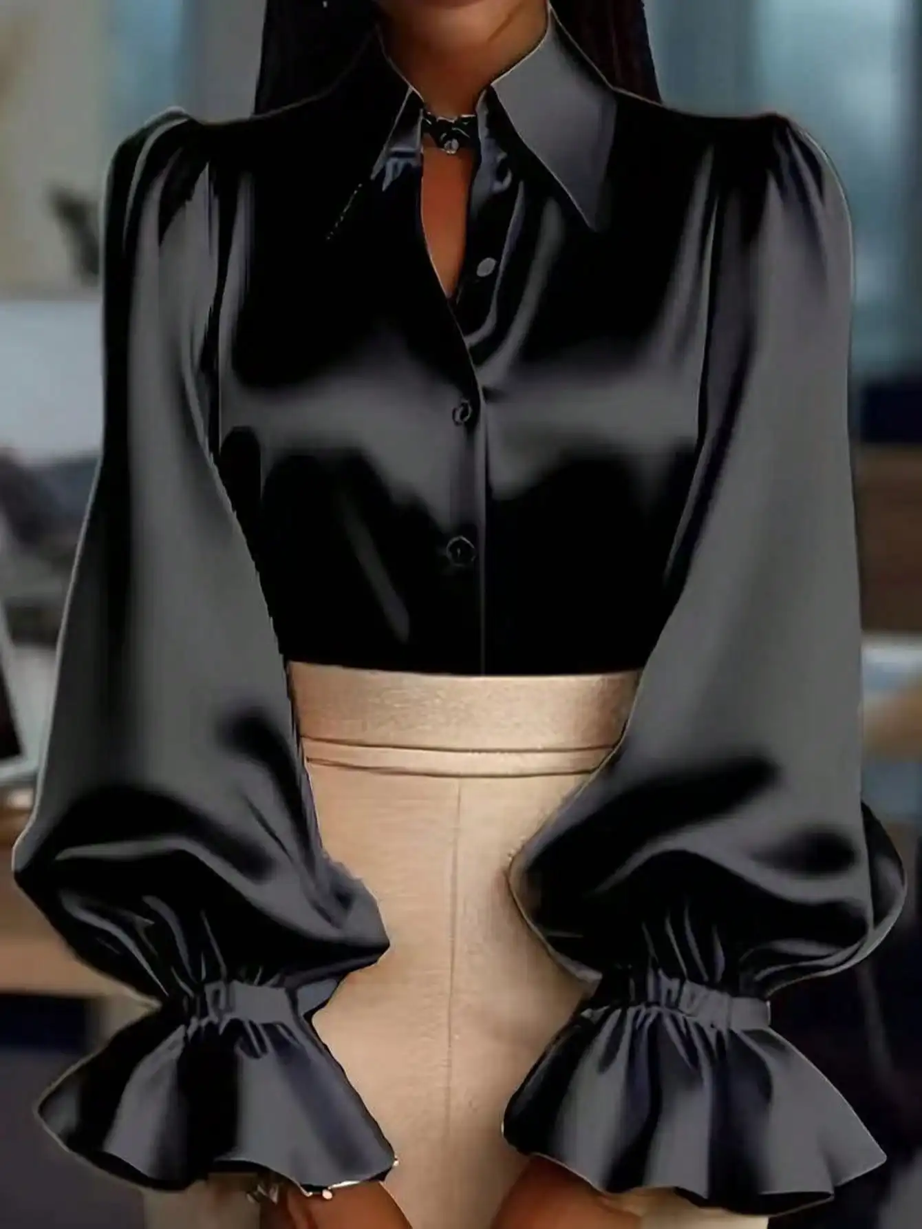 

Женская атласная рубашка на пуговицах с рукавами-фонариками, V-образным вырезом, свободного кроя для повседневной офисной носки