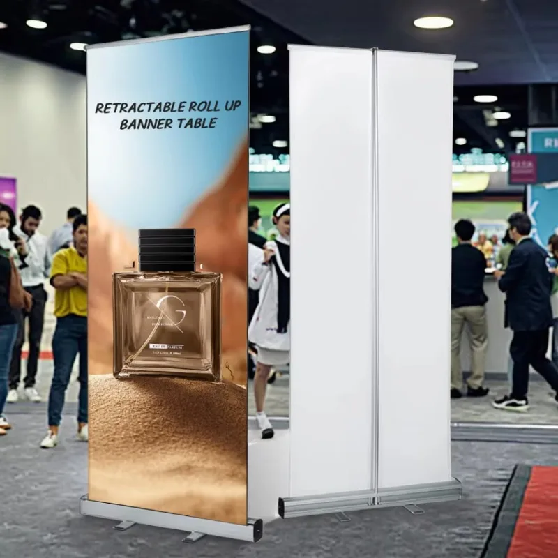 Carretes emergentes de pie de pancarta retráctil enrollable de aluminio personalizados para publicidad y promociones de exposiciones