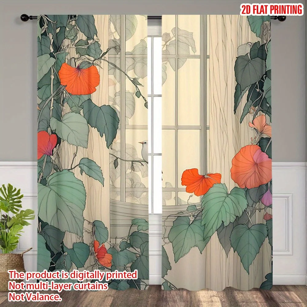 

Wash-ink style plants and flowers Print Drapes Room Darkening Window Curtains Home Decor,Rod Pocket Blackout Curtains Bedroom