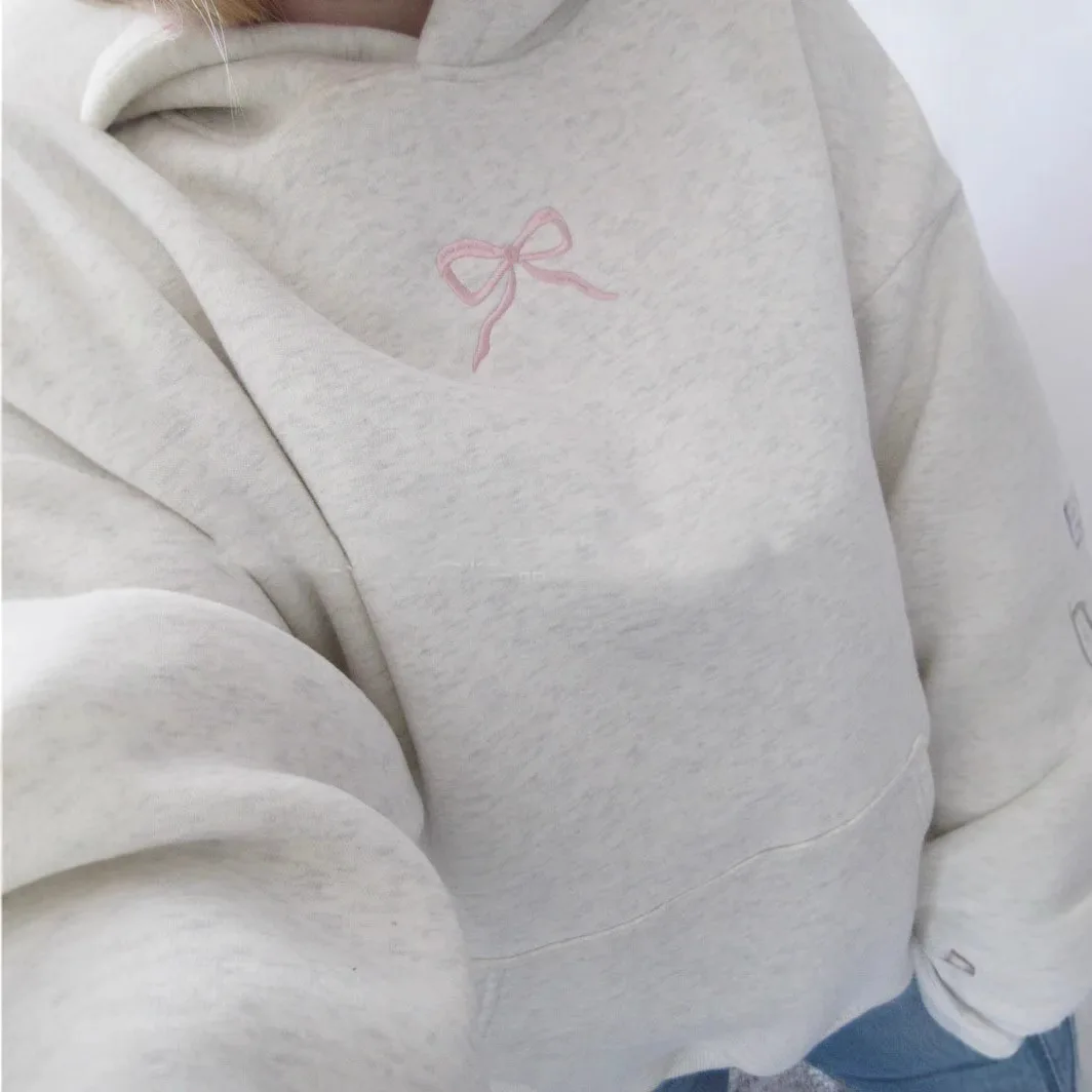 Women's Pink Bow Hoodie Sweet Casual Autumn And Winter Embroidered Hoodie Comfortable Warm Women's Fashion Women's Clothing Y2k