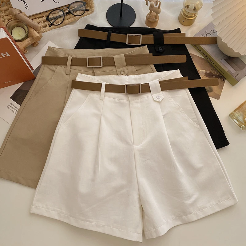 

Женские повседневные брюки-костюмные шорты с высокой талией, однотонные, в корейском стиле, универсальные, стройнящие, с широкими штанинами, весна-лето