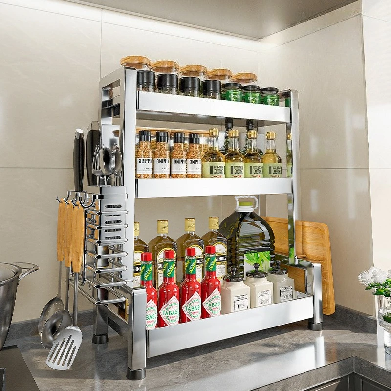 

Stainless Steel Spice Rack Multi-Tier Kitchen Counter Organizer Utensil & Knife Storage Holder Space Saving Condiment Shelf